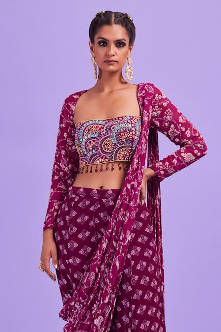 Diyarajvvir_Purple Tulle, Bottom Georgette, Lining Sharara Pant Saree With Blouse _Online_at_Aza_Fashions