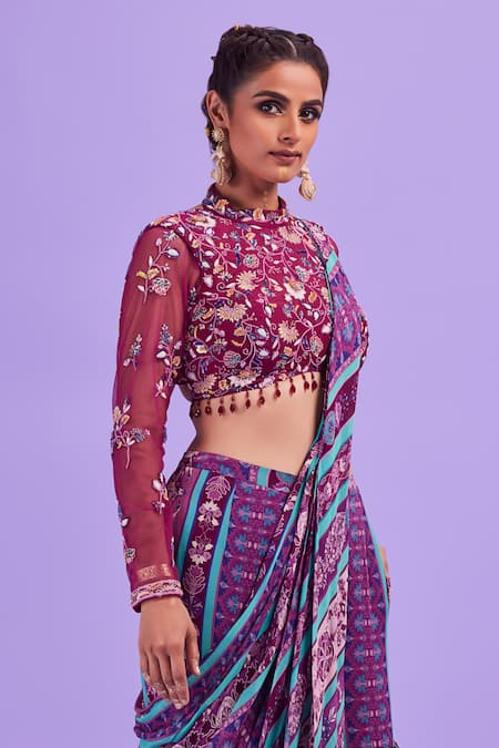 Diyarajvvir_Purple Georgette, Bottom Georgette, Printed Gharara Pant Saree With Blouse _Online_at_Aza_Fashions