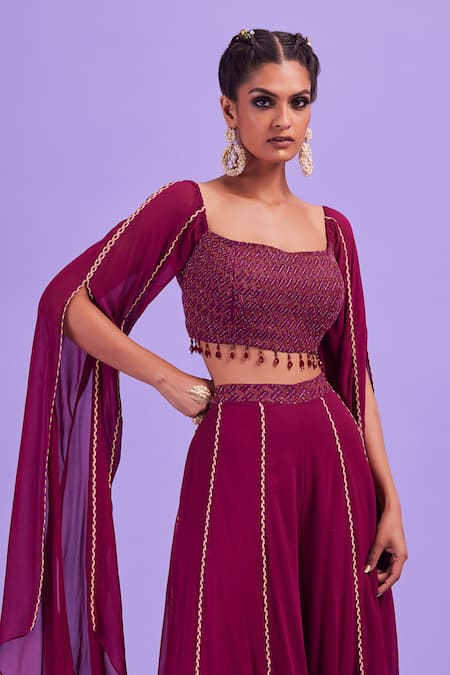 Diyarajvvir_Purple Bottom Georgette, Lining Shantoon, Top Embroidered Crop And Sharara Set _Online_at_Aza_Fashions