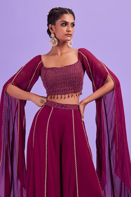 Buy_Diyarajvvir_Purple Bottom Georgette, Lining Shantoon, Top Embroidered Crop And Sharara Set _Online_at_Aza_Fashions