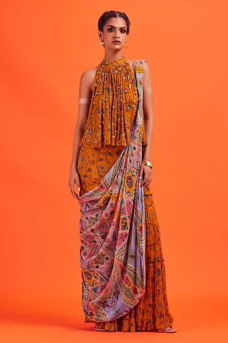 DiyaRajvvir Yellow Georgette, Lining Shantoon Cutdana, Printed Gharara Pant Saree With Top 