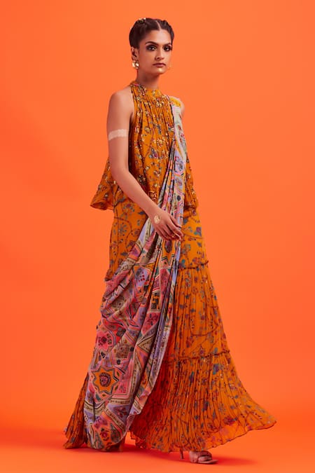 Shop_Diyarajvvir_Yellow Georgette, Lining Shantoon Cutdana, Printed Gharara Pant Saree With Top _at_Aza_Fashions