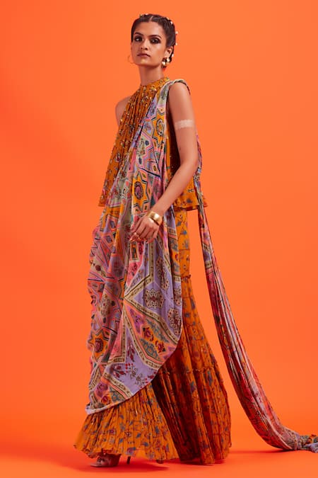 Diyarajvvir_Yellow Georgette, Lining Shantoon Cutdana, Printed Gharara Pant Saree With Top _Online_at_Aza_Fashions