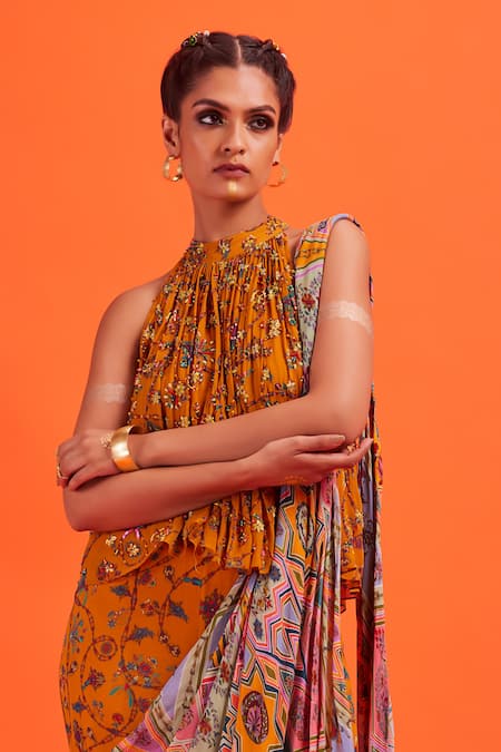 Buy_Diyarajvvir_Yellow Georgette, Lining Shantoon Cutdana, Printed Gharara Pant Saree With Top _Online_at_Aza_Fashions