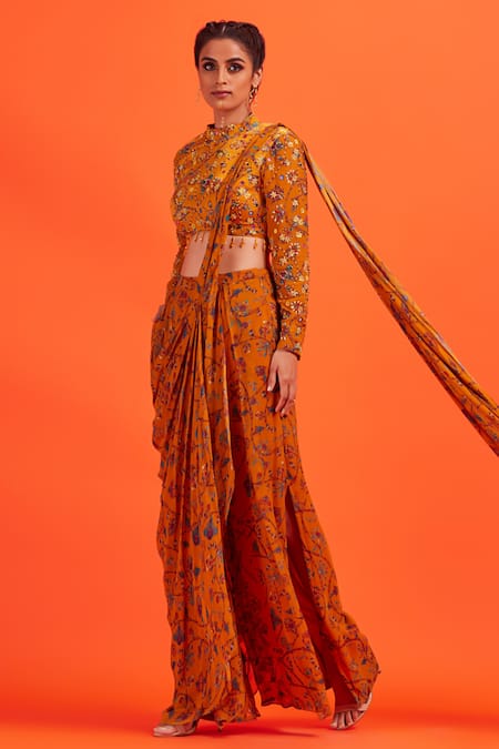 Diyarajvvir_Yellow Tulle, Georgette Saree Georgette, Printed Pre-draped With Blouse _Online_at_Aza_Fashions