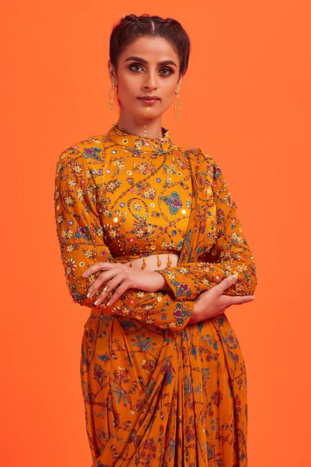 Buy_Diyarajvvir_Yellow Tulle, Georgette Saree Georgette, Printed Pre-draped With Blouse _Online_at_Aza_Fashions