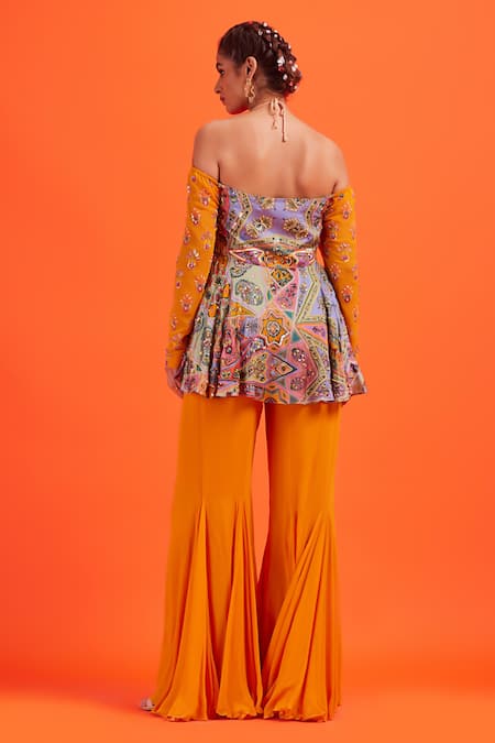 Shop Diyarajvvir Yellow Tulle, Georgette Pant Georgette, Kurta Modal, Printed Off And Set at Aza Fashions Shop_Diyarajvvir_Yellow Tulle, Georgette Pant Georgette, Kurta Modal, Printed Off And Set _at_Aza_Fashions