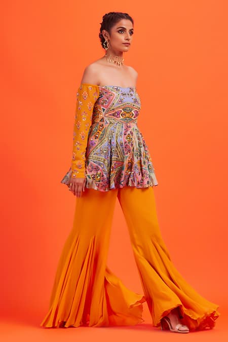 Diyarajvvir Yellow Tulle, Georgette Pant Georgette, Kurta Modal, Printed Off And Set Online at Aza Fashions Diyarajvvir_Yellow Tulle, Georgette Pant Georgette, Kurta Modal, Printed Off And Set _Online_at_Aza_Fashions