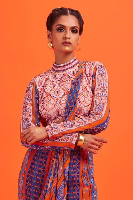 Diyarajvvir Peach Tulle, Cotton Silk Saree Georgette, Printed Gharara Pant With Blouse Online at Aza Fashions Diyarajvvir_Peach Tulle, Cotton Silk Saree Georgette, Printed Gharara Pant With Blouse _Online_at_Aza_Fashions