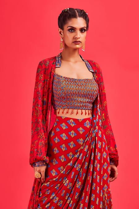 Diyarajvvir_Red Cotton Silk And Georgette Lining Shantoon Beads & Cape & Gharara Saree Set _Online_at_Aza_Fashions