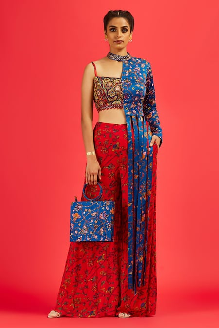 DiyaRajvvir Blue Crop Top Cotton Silk Print And Embroidery Bale Asymmetric & Sharara Set 