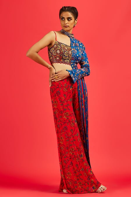 Shop Diyarajvvir Blue Crop Top Cotton Silk, Modal And Saree Georgette Asymmetric & Sharara Set at Aza Fashions Shop_Diyarajvvir_Blue Crop Top Cotton Silk, Modal And Saree Georgette Asymmetric & Sharara Set _at_Aza_Fashions