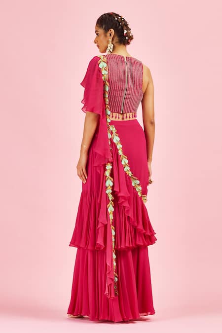 Shop_Diyarajvvir_Fuchsia Bottom Fabric Georgette Lining Shantoon, Pre-draped Saree With Blouse _at_Aza_Fashions