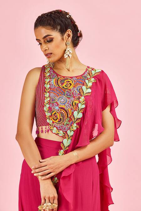 Diyarajvvir_Fuchsia Bottom Fabric Georgette Lining Shantoon, Pre-draped Saree With Blouse _Online_at_Aza_Fashions