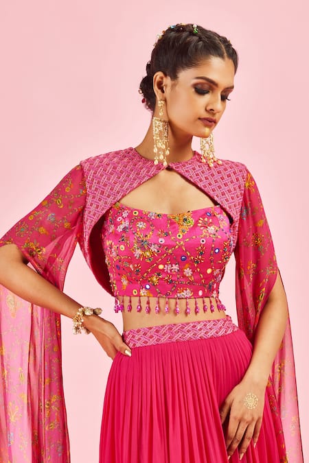 Diyarajvvir_Fuchsia Modal And Georgette Bottom Fabric Georgette Cropped Jacket Lehenga Set _Online_at_Aza_Fashions
