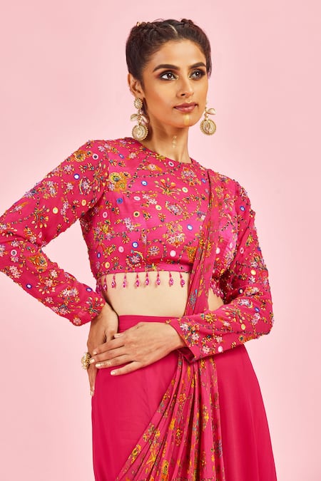 Diyarajvvir_Fuchsia Cutdana, Sequin, Bale Print, Sharara Saree With Embroidered Blouse _Online_at_Aza_Fashions