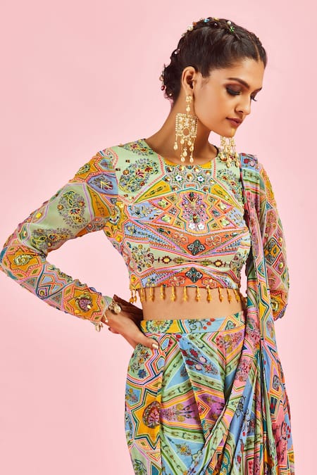 Diyarajvvir_Multi Color Top Fabric Modal And Georgette Bottom Pre-draped Saree With Blouse _Online_at_Aza_Fashions