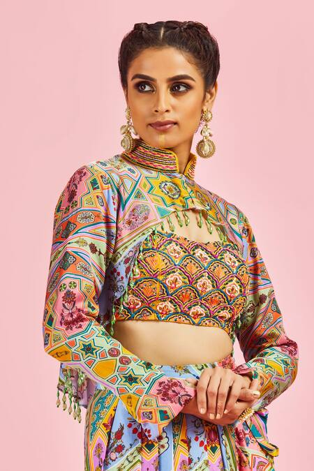 Diyarajvvir_Multi Color Top Modal And Georgette Bottom Modal Lining Cape & Dhoti Skirt Set _Online_at_Aza_Fashions