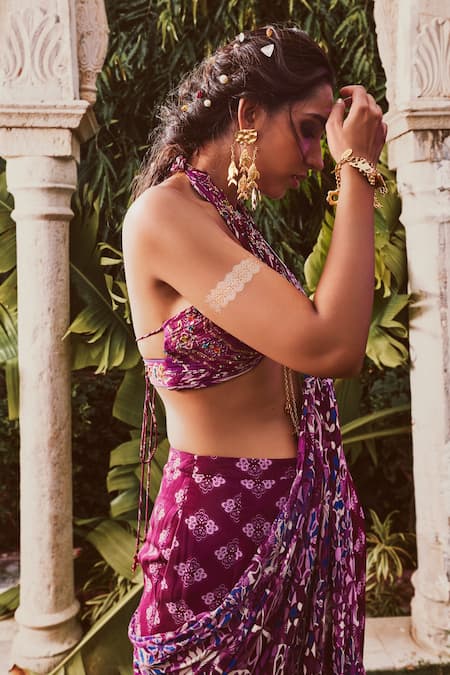 Diyarajvvir_Purple Georgette Lining Shantoon Sequin, Butta Gharara Saree With Blouse _Online_at_Aza_Fashions