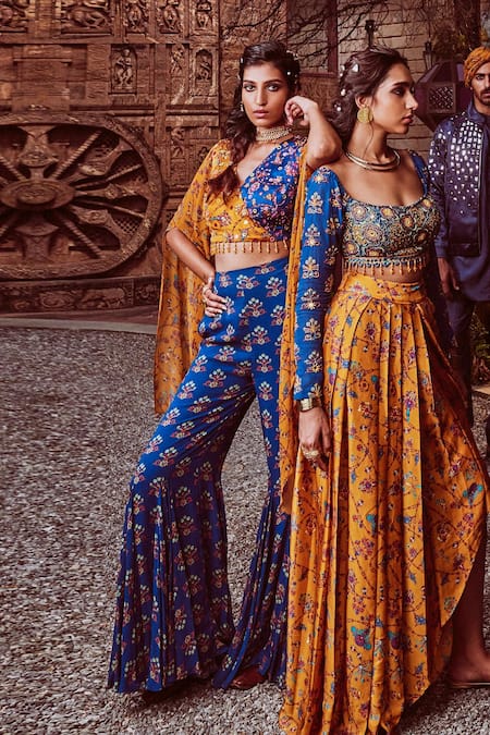 Shop Diyarajvvir Blue Top Modal And Georgette Bottom Embroidered Crop & Godet Pant Set at Aza Fashions Shop_Diyarajvvir_Blue Top Modal And Georgette Bottom Embroidered Crop & Godet Pant Set _at_Aza_Fashions