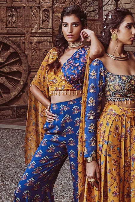 Diyarajvvir Blue Top Modal And Georgette Bottom Embroidered Crop & Godet Pant Set Online at Aza Fashions Diyarajvvir_Blue Top Modal And Georgette Bottom Embroidered Crop & Godet Pant Set _Online_at_Aza_Fashions