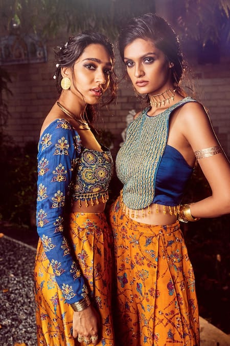 Diyarajvvir_Yellow Beads And Cutdana, Cord, Bale Print Round Crop Top & Flared Pant Set _Online_at_Aza_Fashions