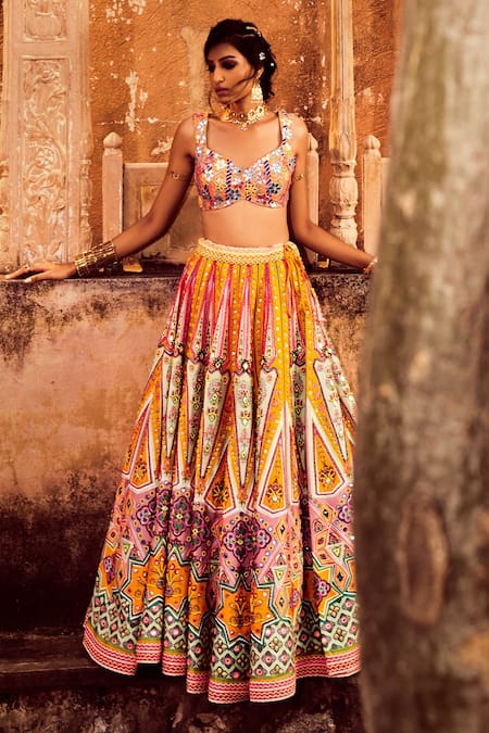 Shop_Diyarajvvir_Yellow Raw Silk Lining Shantoon And Mull Embroidered Blouse & Lehenga Set _at_Aza_Fashions