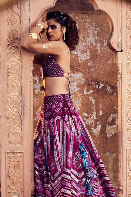 Shop Diyarajvvir Purple Raw Silk Lining Shantoon And Mull Embroidered Blouse & Lehenga Set at Aza Fashions Shop_Diyarajvvir_Purple Raw Silk Lining Shantoon And Mull Embroidered Blouse & Lehenga Set _at_Aza_Fashions