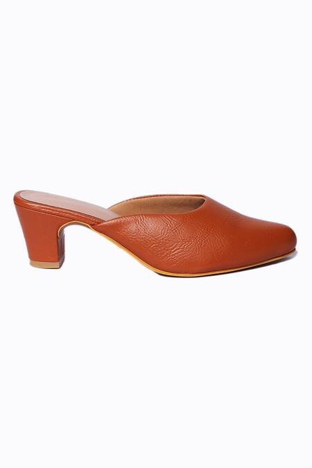 NR By Nidhi Rathi_Brown Plain Leather Block Mules_Online_at_Aza_Fashions