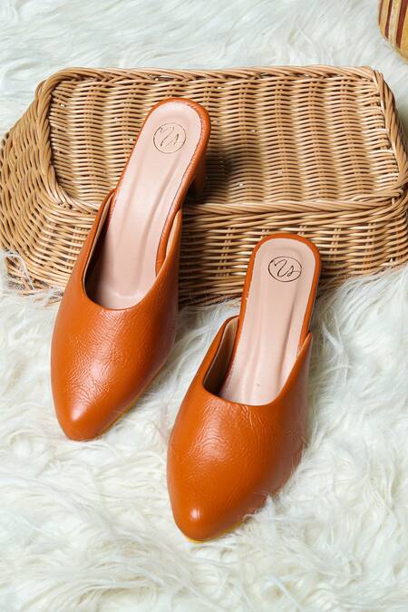 Shop NR By Nidhi Rathi Brown Plain Leather Block Mules Online at Aza Fashions Shop_NR By Nidhi Rathi_Brown Plain Leather Block Mules_Online_at_Aza_Fashions