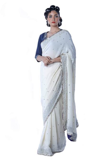 Debarun White Crepe Silk Embroidered Saree Online at Aza Fashions Debarun_White Crepe Silk Embroidered Saree _Online_at_Aza_Fashions