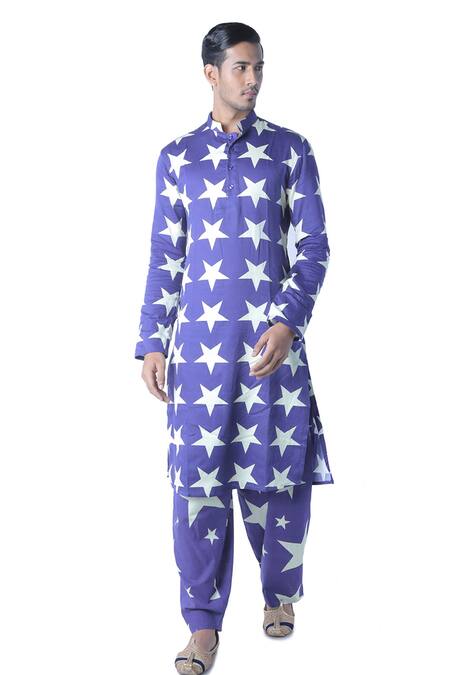 Buy_Debarun_Blue Spun Cotton Printed Kurta And Pant Set  _Online_at_Aza_Fashions