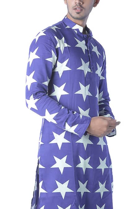 Shop_Debarun_Blue Spun Cotton Printed Kurta And Pant Set  _Online_at_Aza_Fashions