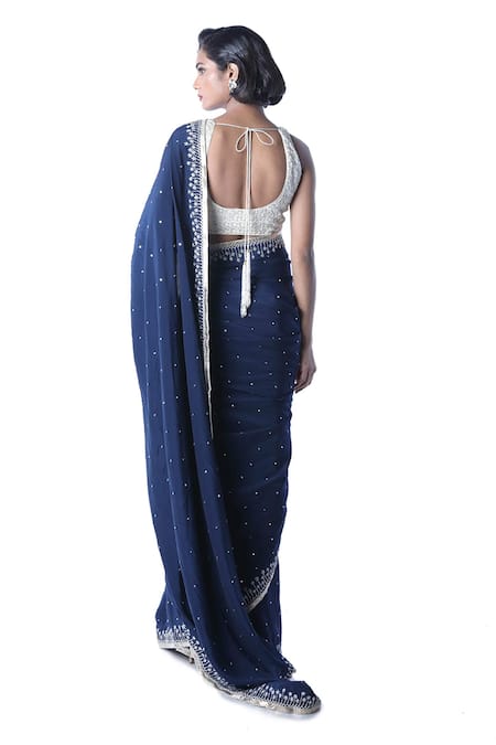 Shop Debarun Blue Crepe Silk Embroidered Saree at Aza Fashions Shop_Debarun_Blue Crepe Silk Embroidered Saree _at_Aza_Fashions
