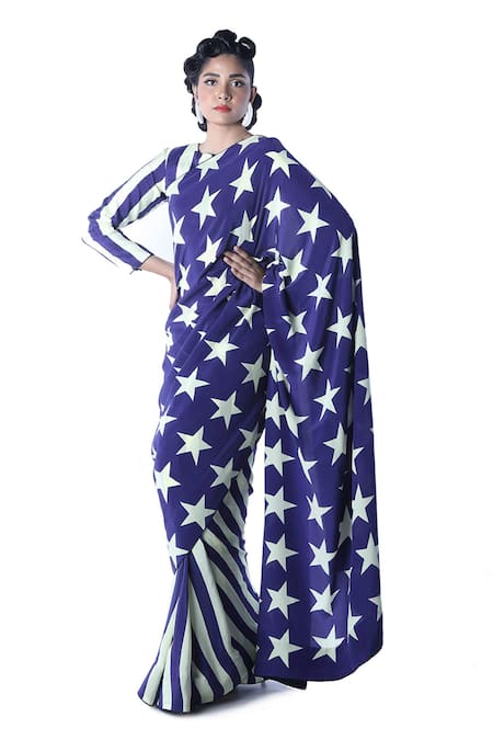 Debarun Blue Crepe Silk Printed Saree With Blouse  