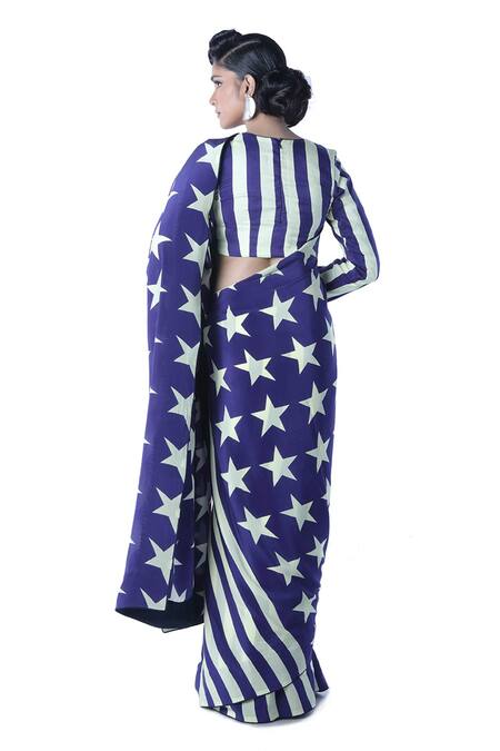 Shop Debarun Blue Crepe Silk Printed Saree With Blouse at Aza Fashions Shop_Debarun_Blue Crepe Silk Printed Saree With Blouse _at_Aza_Fashions