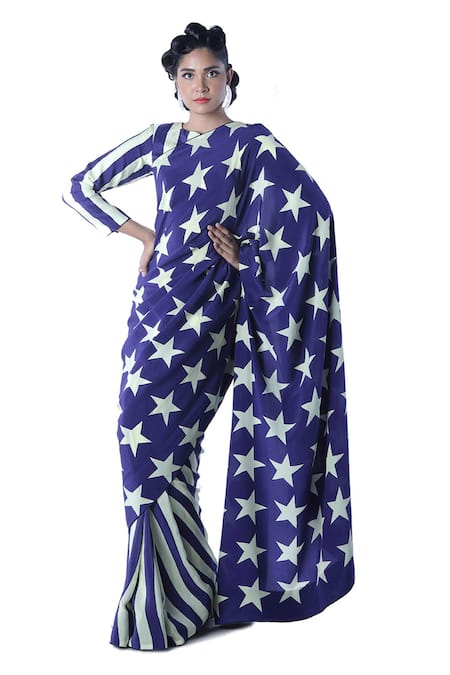 Debarun Blue Crepe Silk Printed Saree With Blouse Online at Aza Fashions Debarun_Blue Crepe Silk Printed Saree With Blouse _Online_at_Aza_Fashions