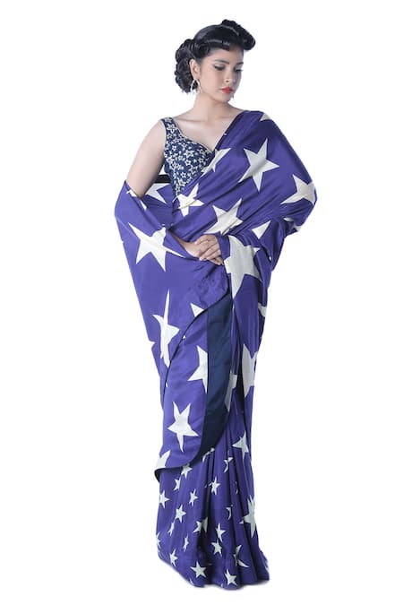 Debarun Blue Silk Satin Printed Saree With Blouse  