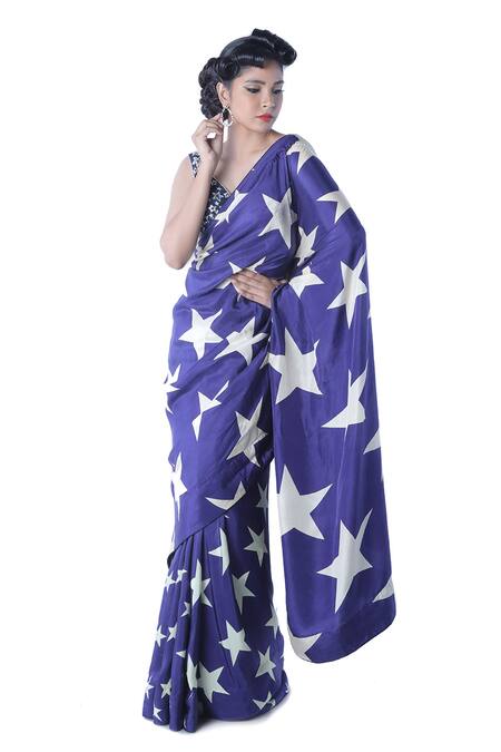 Debarun_Blue Silk Satin Printed Saree With Blouse  _Online_at_Aza_Fashions