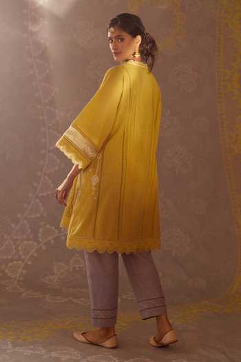 Bunka_Yellow Cotton Slub Nafisa Scallop Kurta Set_Online_at_Aza_Fashions
