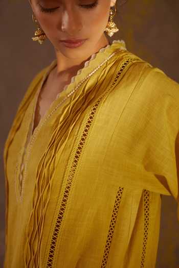 Buy_Bunka_Yellow Cotton Slub Nafisa Scallop Kurta Set_Online_at_Aza_Fashions
