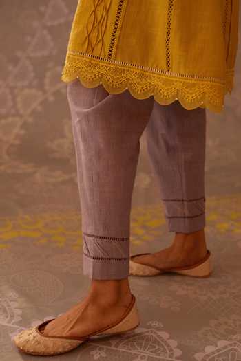 Shop_Bunka_Yellow Cotton Slub Nafisa Scallop Kurta Set_Online_at_Aza_Fashions