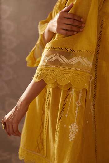 Bunka_Yellow Cotton Slub Nafisa Scallop Kurta Set_at_Aza_Fashions