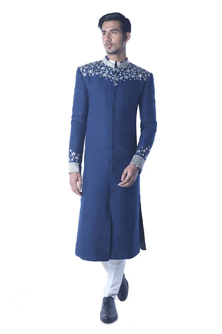 Debarun_Blue , Heavy Handloom Embroidered Sherwani And Kurta Set _Online_at_Aza_Fashions