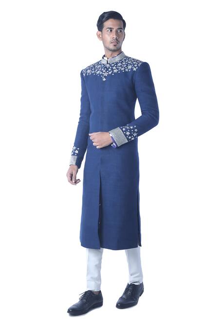 Buy_Debarun_Blue , Heavy Handloom Embroidered Sherwani And Kurta Set _Online_at_Aza_Fashions