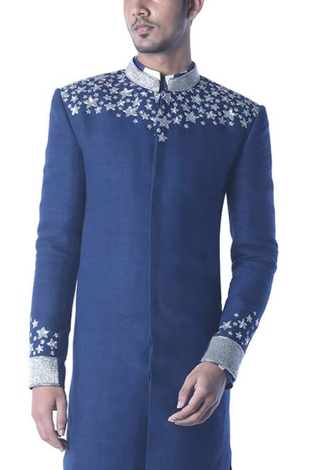 Shop_Debarun_Blue , Heavy Handloom Embroidered Sherwani And Kurta Set _Online_at_Aza_Fashions