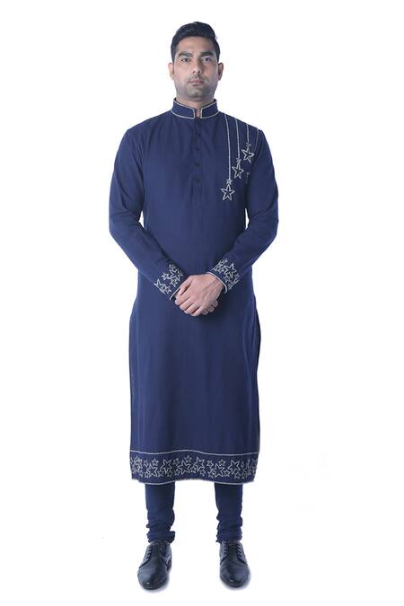 Debarun_Blue Handloom Cotton, Cambric Embroidered Kurta Set _Online_at_Aza_Fashions