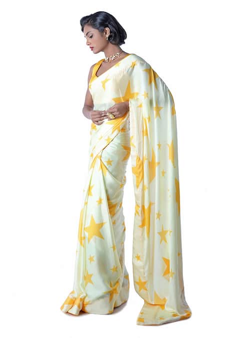 Debarun_White Satin Printed Saree With Blouse  _Online_at_Aza_Fashions