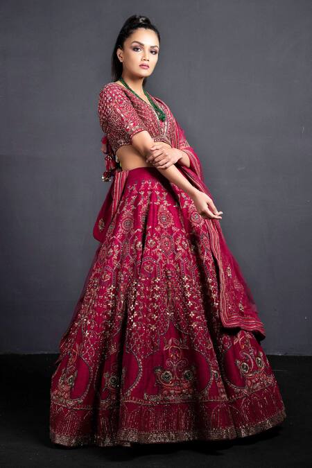Neha & Tarun Purple Raw Silk V Neck Hand Embroidered Bridal Lehenga Set Online at Aza Fashions Neha & Tarun_Purple Raw Silk V Neck Hand Embroidered Bridal Lehenga Set _Online_at_Aza_Fashions