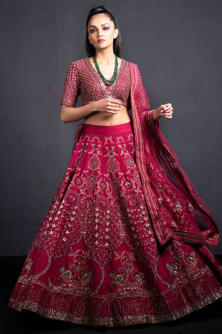 Buy Neha & Tarun Purple Raw Silk V Neck Hand Embroidered Bridal Lehenga Set Online at Aza Fashions Buy_Neha & Tarun_Purple Raw Silk V Neck Hand Embroidered Bridal Lehenga Set _Online_at_Aza_Fashions